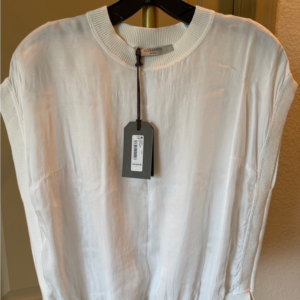 AllSaints White Knit-Trim Sleeveless Crew Tank